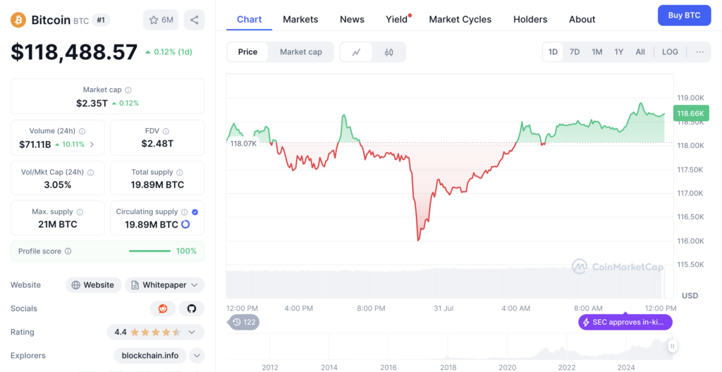 نمودار قیمت و اطلاعات بازار بیت کوین - منبع: CoinMarketCap